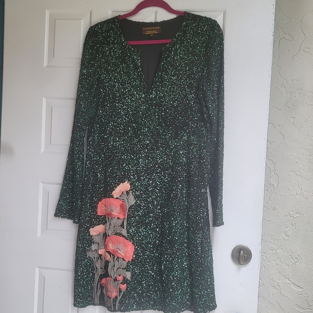 NWT Anthropologie Varun Bahl Calliope Emerald Green Sequined Dress Sz 8 NWOT